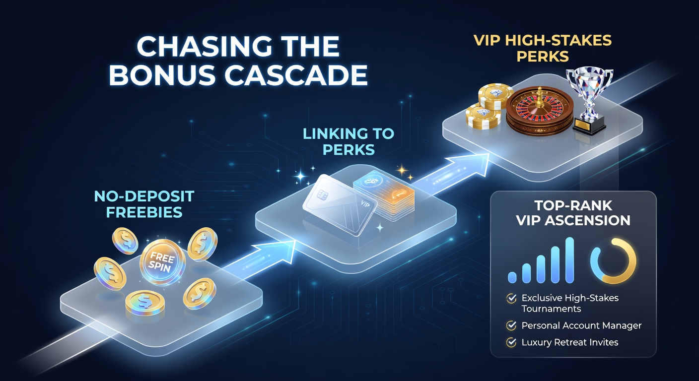 Detaillierte Infografik einer VIP-Leiter, die No-Deposit als Basis zeigt und zu High-Stakes-Tischen mit Perks wie Personal Host und Lossback aufsteigt