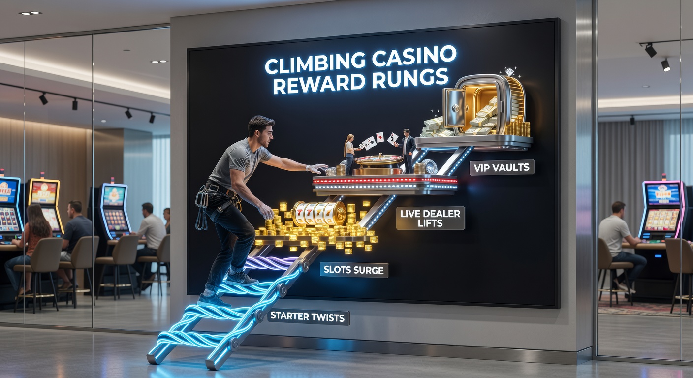 Detaillierte Darstellung eines VIP-Bereichs mit Live-Dealer-Tischen, Luxus-Symbolen und steigenden Belohnungsstufen in einem Casino-Ambiente