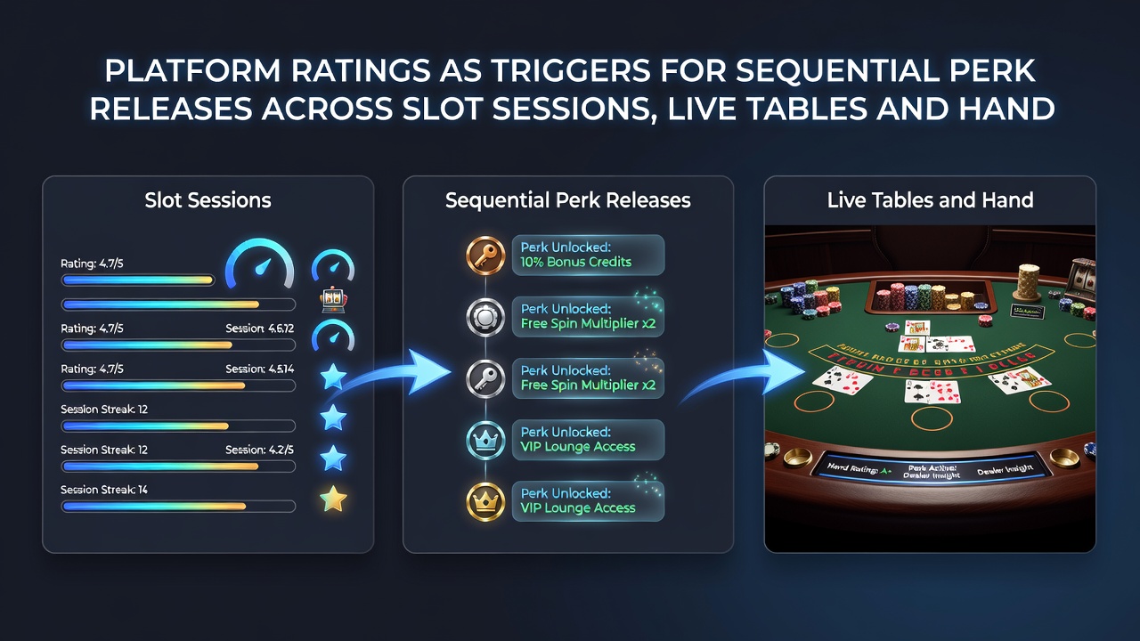 Illustration der Verknüpfung von Slots, Live-Tischen und mobilen Interfaces durch Bewertungssysteme