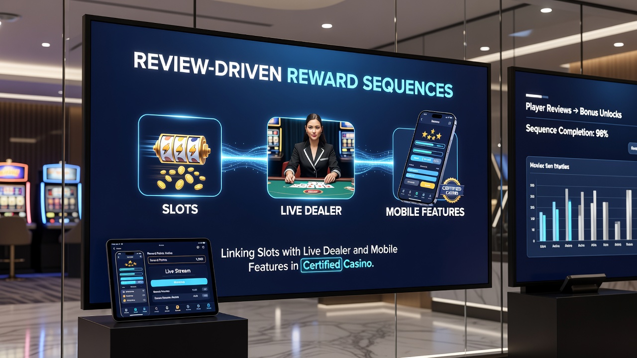 Darstellung der Integration von mobilen Features mit Slots und Live-Dealer-Runden über Bewertungssequenzen in zertifizierten Casinos
