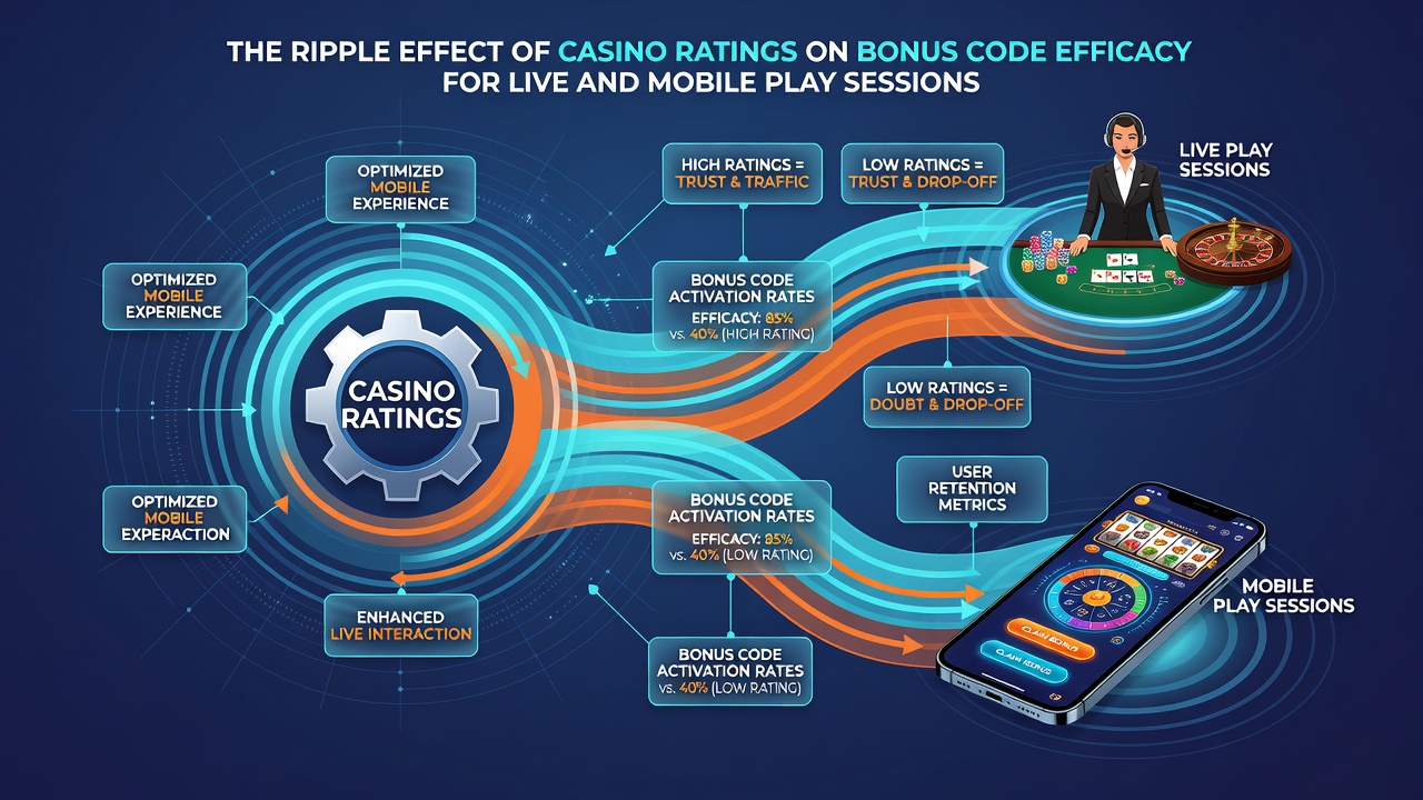 Diagram illustrating data flow from casino ratings to bonus code validation in live and mobile casino environments